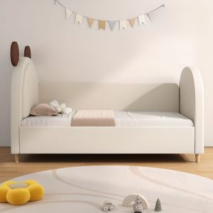 "Natural Wood Standard Children Bed with Animal Theme, Artificial Leather Upholstery, Coir Mattress, Headboard & Footboard"